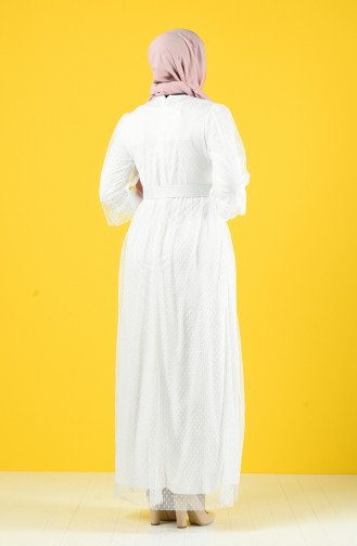 Kemerli Tül Abiye Elbise 2004-02 Beyaz