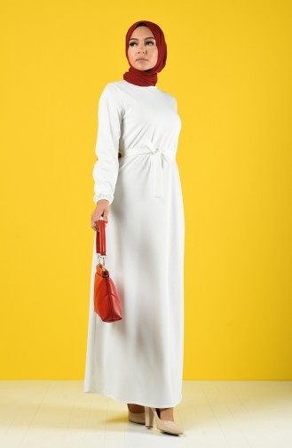 Kolu Lastikli Kuşaklı Elbise 2009-02 Beyaz