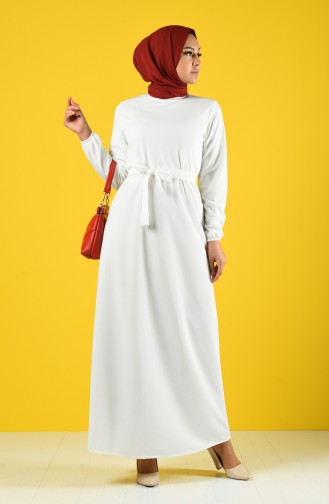 Elastic Sleeve Belted Dress 2009-02 White 2009-02