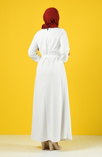 Kolu Lastikli Kuşaklı Elbise 2009-02 Beyaz
