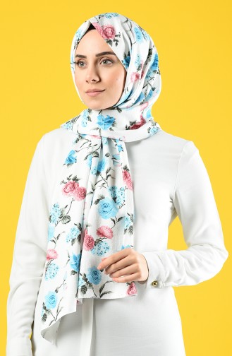 Flower Patterned Crepe Shawl 4640-01 Ecru Blue 4640-01