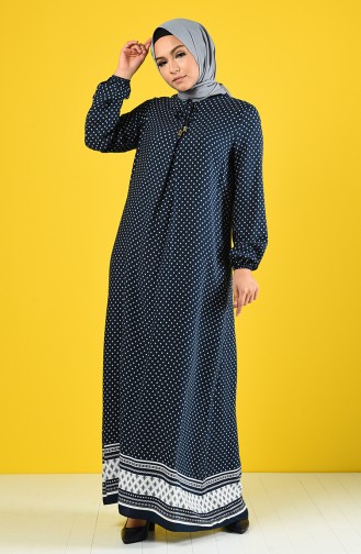 A Pleated Patterned Dress 8190-01 Navy Blue Ecru 8190-01