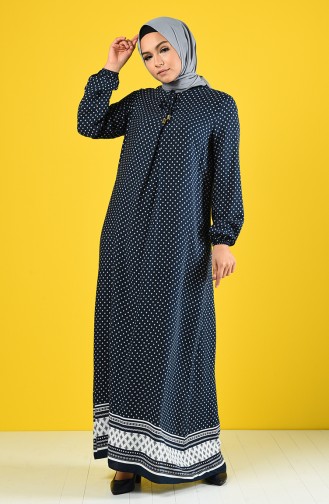 Robe à Motifs Plis en A 8190-01 Bleu Marine Écru 8190-01