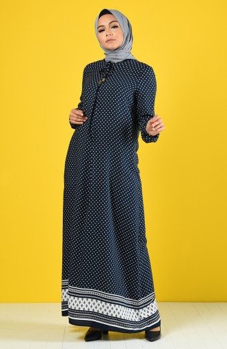 A Pleated Patterned Dress 8190-01 Navy Blue Ecru 8190-01