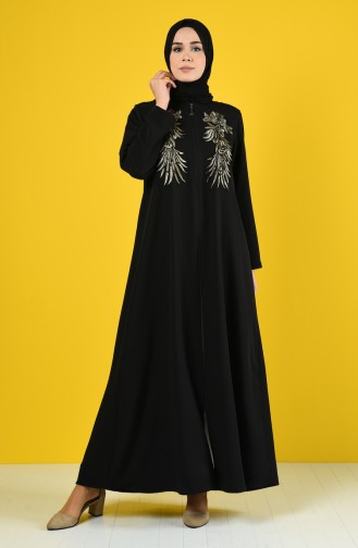 Abaya Brodée à Fermeture 1081-01 Noir 1081-01