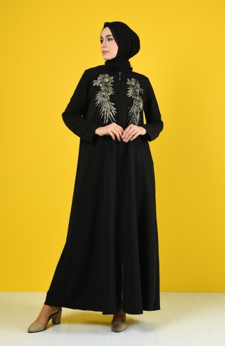 Abaya Brodée à Fermeture 1081-01 Noir 1081-01