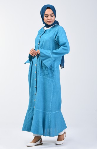 Marjoram Cloth Flounced Abaya 8888-05 Petrol 8888-05