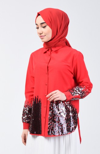 Sequined Asymmetrical Shirt 1636-01 Red 1636-01