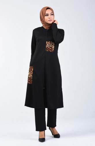 Garnished Zippered Coat 1635-01 Black 1635-01