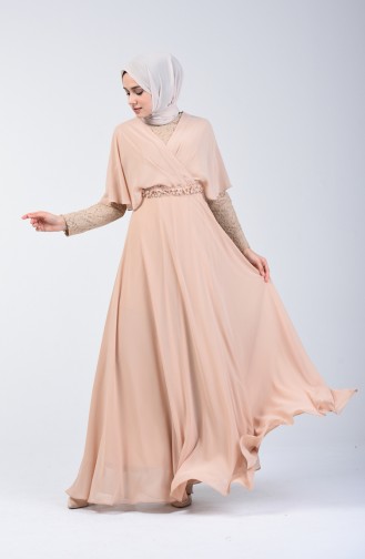 Robe de Soirée à Détail Dentelle 6059-03 Beige 6059-03