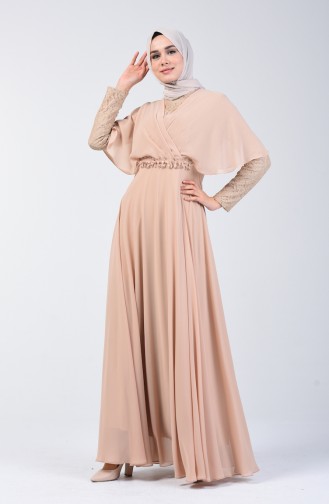 Beige Hijab Evening Dress 6059-03