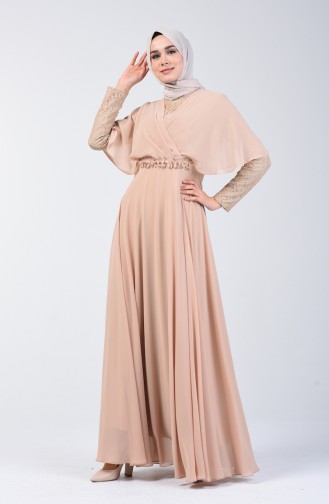 Robe de Soirée à Détail Dentelle 6059-03 Beige 6059-03