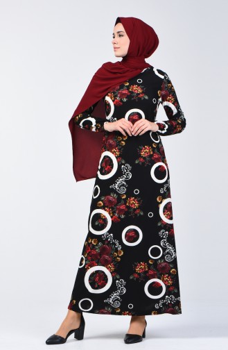 Elastic Sleeve Patterned Dress 8864-01 Black 8864-01