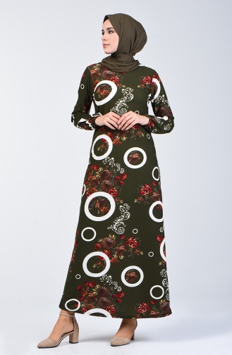 Elastic Sleeve Patterned Dress 8864-02 Khaki 8864-02
