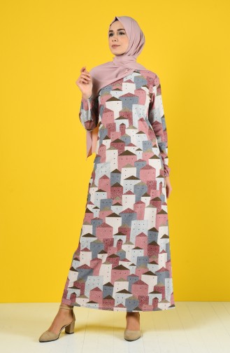 Elastic Sleeve Patterned Dress 8866-01 Rose Dry 8866-01