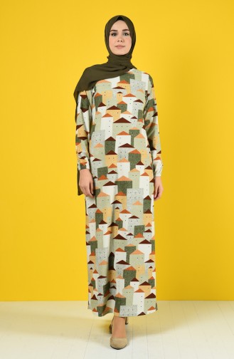 Elastic Sleeve Patterned Dress 8866-02 Almond Green 8866-02