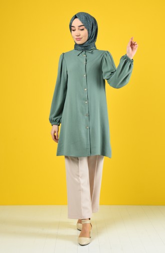 Elastic Sleeve Buttoned Tunic 1422-05 Almond Green 1422-05