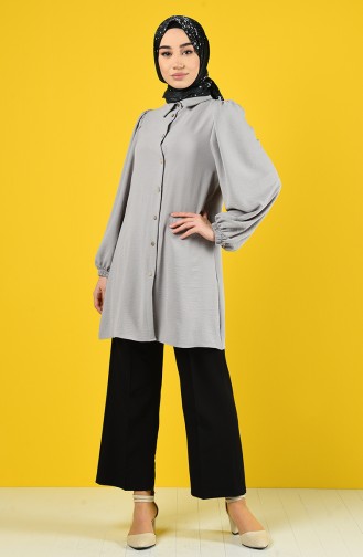 Elastic Sleeve Buttoned Tunic 1422-06 Gray 1422-06