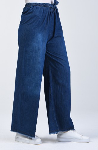 Elastic Waist Wide Leg Jeans 7503-01 Navy Blue 7503-01