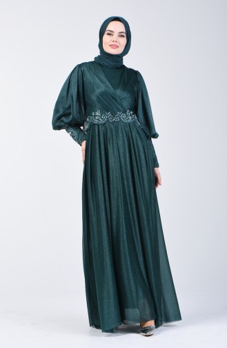 Glitter Detailed Evening Dress 52772-02 Green 52772-02