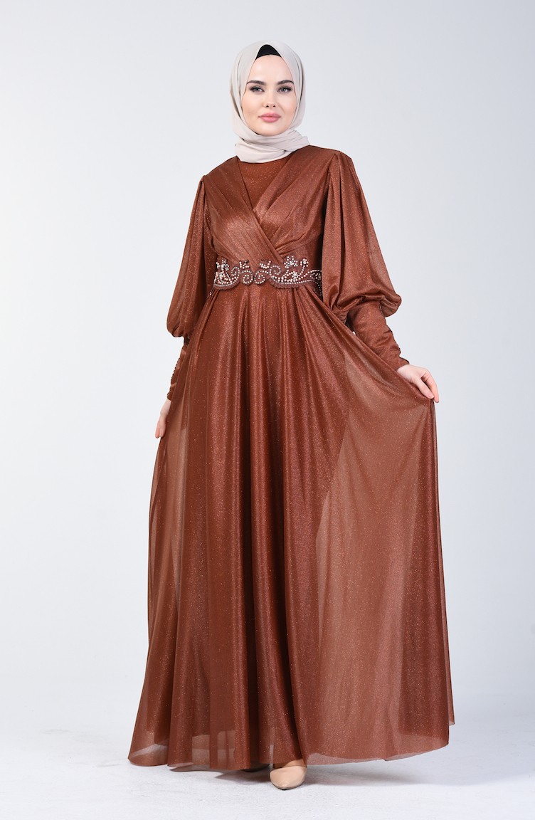 Glitter Detailed Evening Dress 52772 05 Tobacco 52772 05 Sefamerve