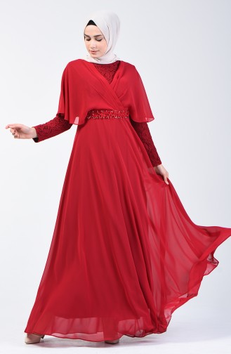Lace Detailed Evening Dress 6059-04 Claret Red 6059-04