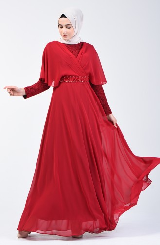 Robe de Soirée à Détail Dentelle 6059-04 Bordeaux 6059-04