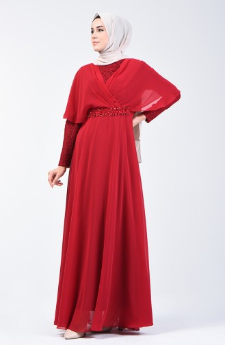 Lace Detailed Evening Dress 6059-04 Claret Red 6059-04