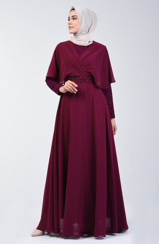 Robe de Soirée à Détail Dentelle 6059-06 Plum 6059-06