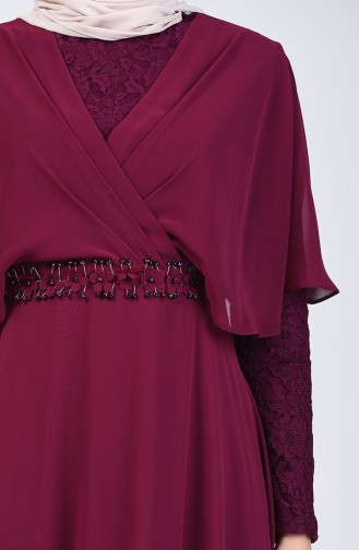 Lace Detailed Evening Dress 6059-06 Damson 6059-06