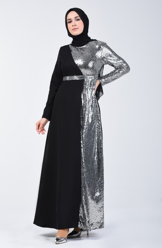 فستان سهرة مزين بالترتر أسود 60098-01