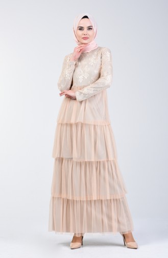 Beige Hijab Evening Dress 60103-01