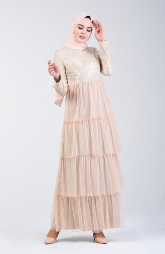 Beige Hijab Evening Dress 60103-01