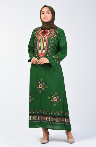 Şile Bezi Desenli Elbise 5555-02 Yeşil