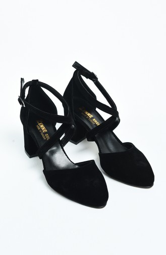 Chaussures à Ceinture Croisée Pour Femme 11362-01 Noir Daim 11362-01