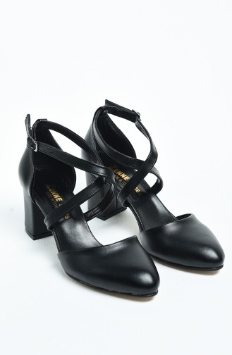 Chaussures à Ceinture Croisée Pour Femme 11363-01 Noir Peau 11363-01
