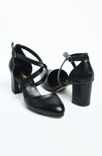 Chaussures à Ceinture Croisée Pour Femme 11363-01 Noir Peau 11363-01