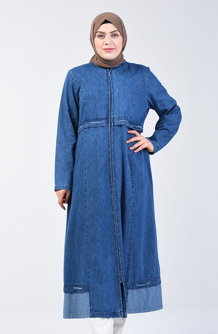 Plus Size Zippered Denim Abaya 0400-01 Navy Blue 0400-01