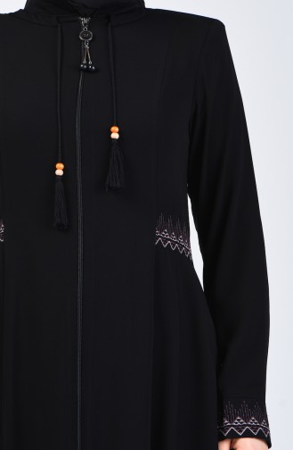 Besticktes Abaya mit Tasche 3004-03 Schwarz 3004-03