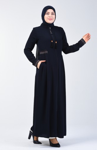 Besticktes Abaya mit Tasche 3004-04 Dunkelblau 3004-04