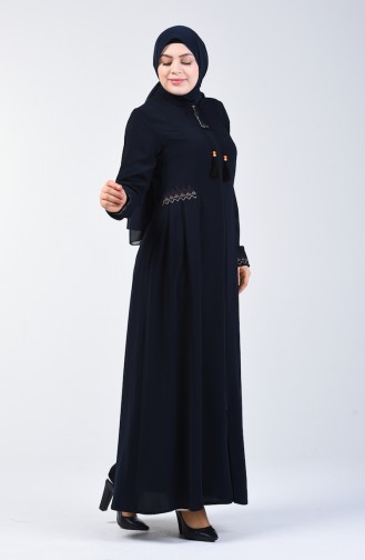 Embroidered Abaya with Pockets 3004-04 Navy Blue 3004-04