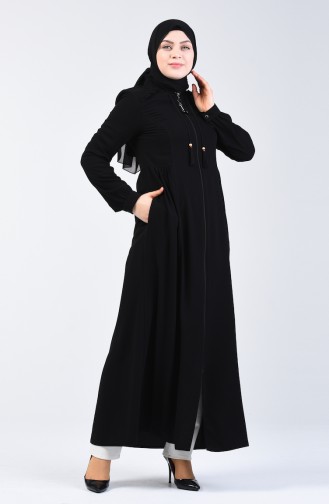 Abaya à Franges Avec Fermeture 3005-01 Noir 3005-01