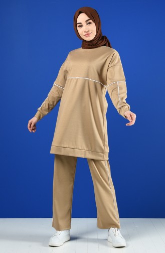 Biye Detaylı Tunik Pantolon İkili Takım 8226-01 Açık Vizon