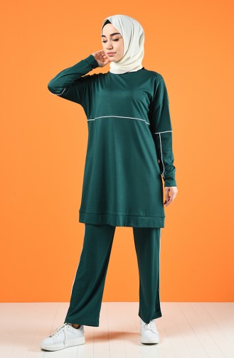 Ensemble Deux Pieces Tunique Pantalon à Détail 8226-05 Vert émeraude 8226-05