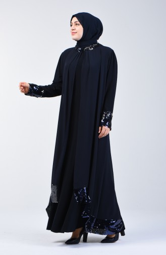 Navy Blue Hijab Evening Dress 6060-01