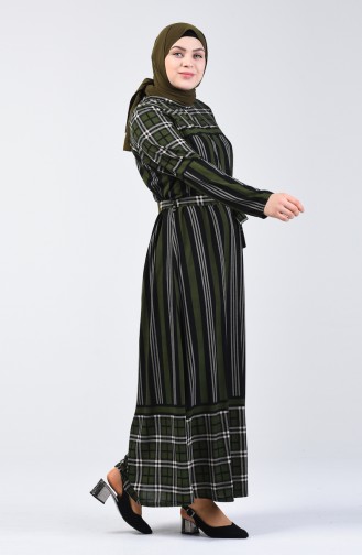 Plus Size Patterned Belted Dress 4556D-01 Khaki 4556D-01