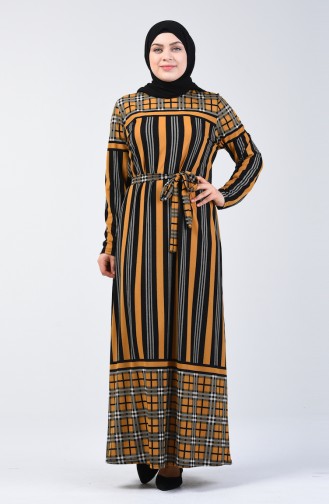 Plus Size Patterned Belted Dress 4556D-05 Mustard 4556D-05