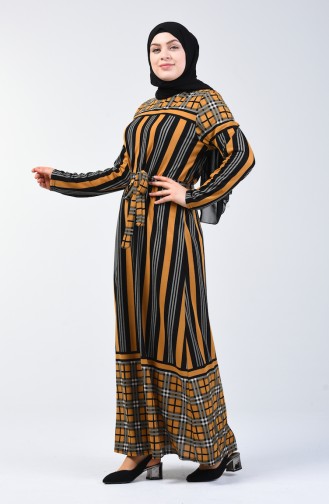 Büyük Beden Desenli Kuşaklı Elbise 4556D-05 Hardal