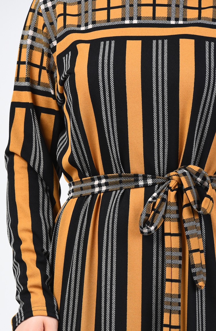 Plus Size Patterned Belted Dress 4556D-05 Mustard 4556D-05 | Sefamerve