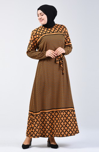 Plus Size Patterned Belted Dress 4556E-03 Mustard 4556E-03